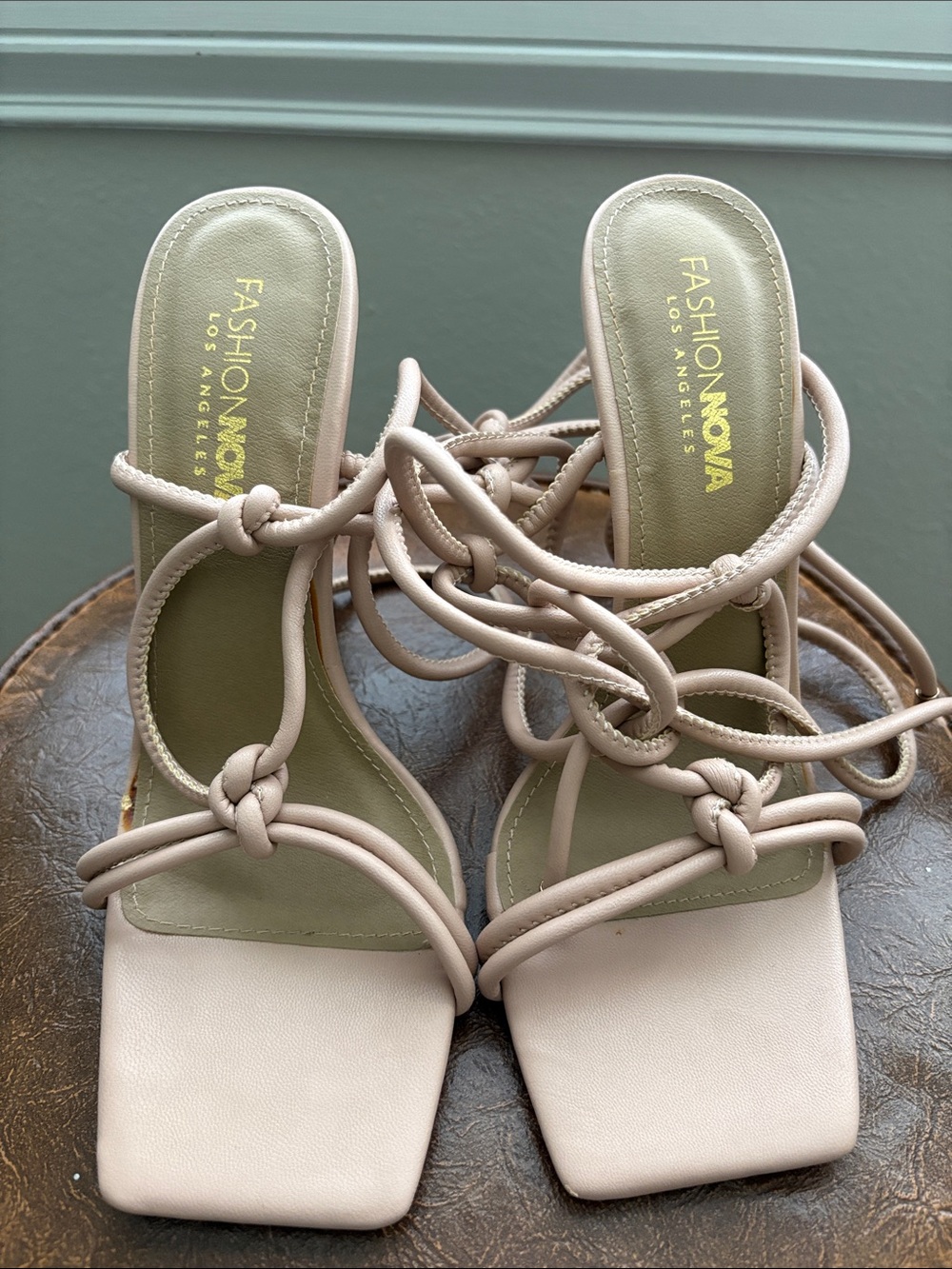 Fashion Nova Nude Knot-Strap Square-Toe Heels